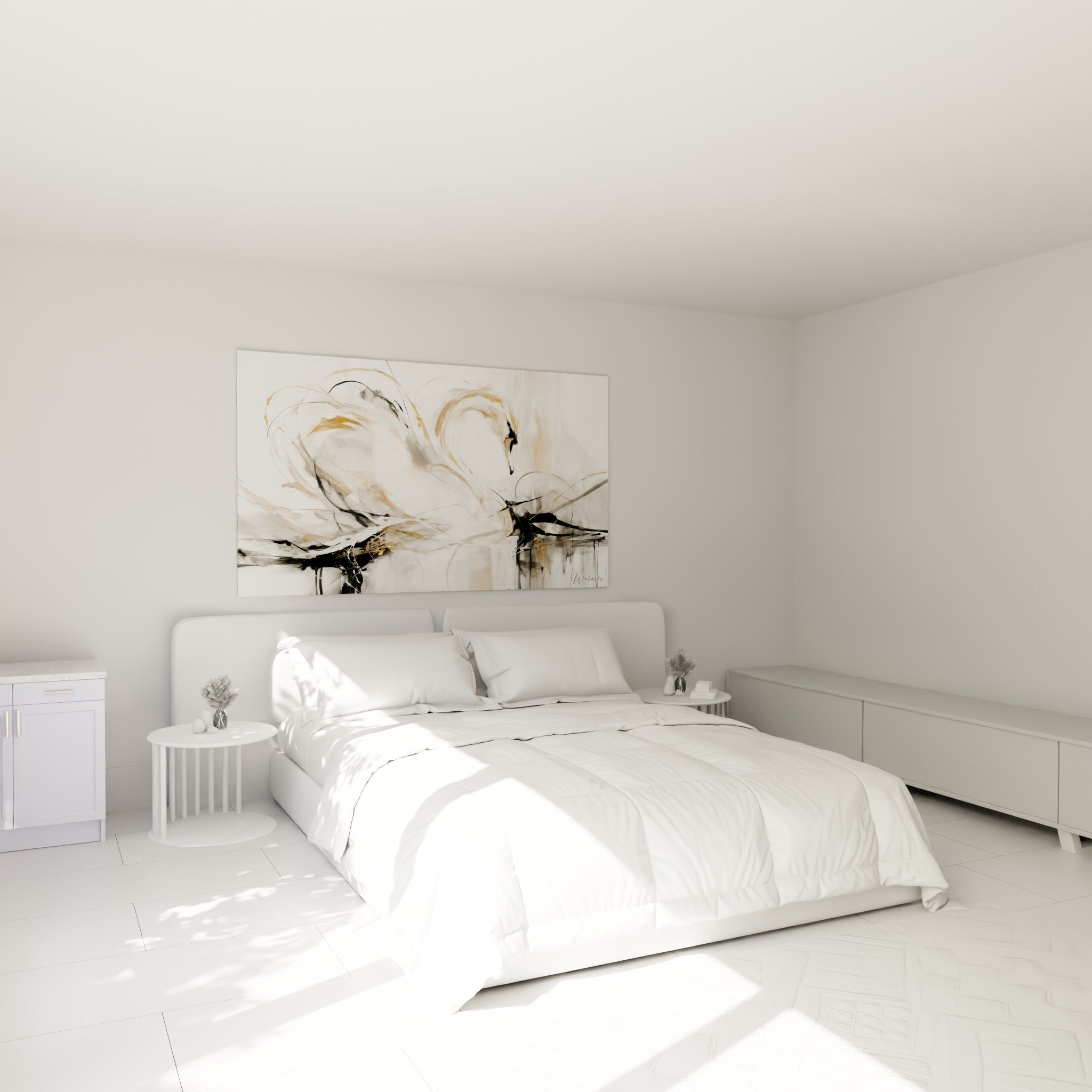 Silhouette de cygne ocre et anthracite dessinée en traits fluides, au-dessus d'un lit dans une chambre claire