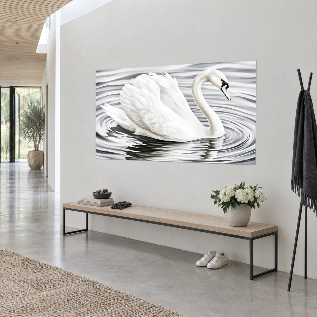Tableau oiseau d'eau immaculé, bec noir et ivoire penché sur des ondes concentriques gris perle, dans une entrée à poutres claires