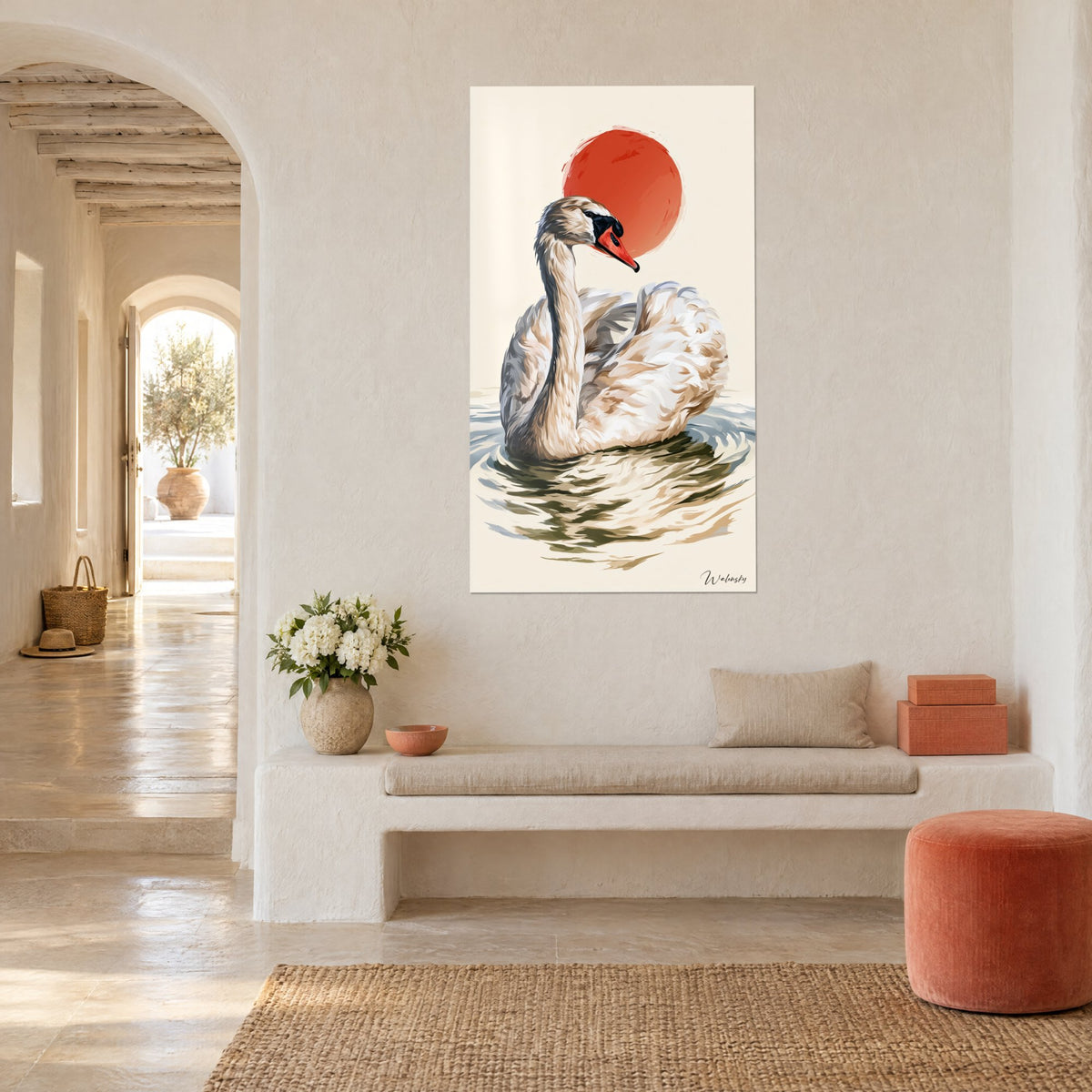 Tableau oiseau aquatique au plumage crème et ardoise, bec orangé, soleil rouge rond, dans un couloir voûté en pierre claire