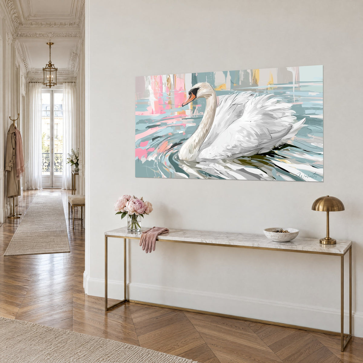 Quadro uccello acquatico dal lungo collo avorio e becco arancione appuntito, vortice d'acqua grigio-azzurro e tocchi rosa cipria, nell'ingresso di un appartamento