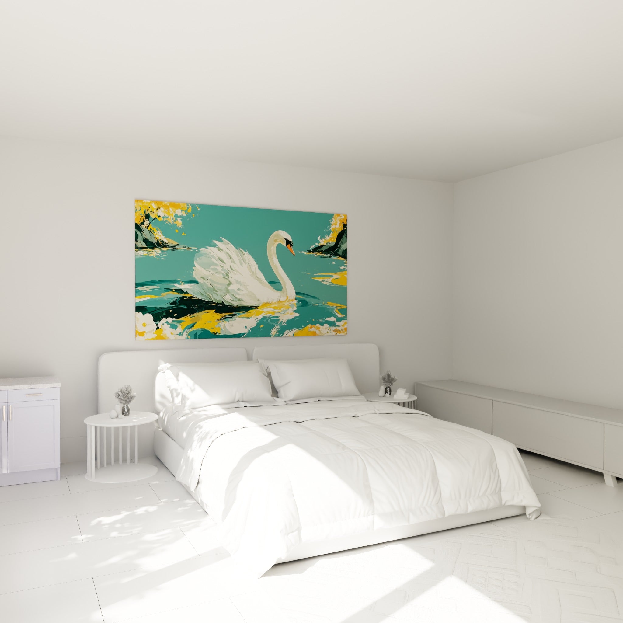 Plumage blanc du Cygne se détachant sur fond turquoise, au-dessus d'un lit dans une chambre claire