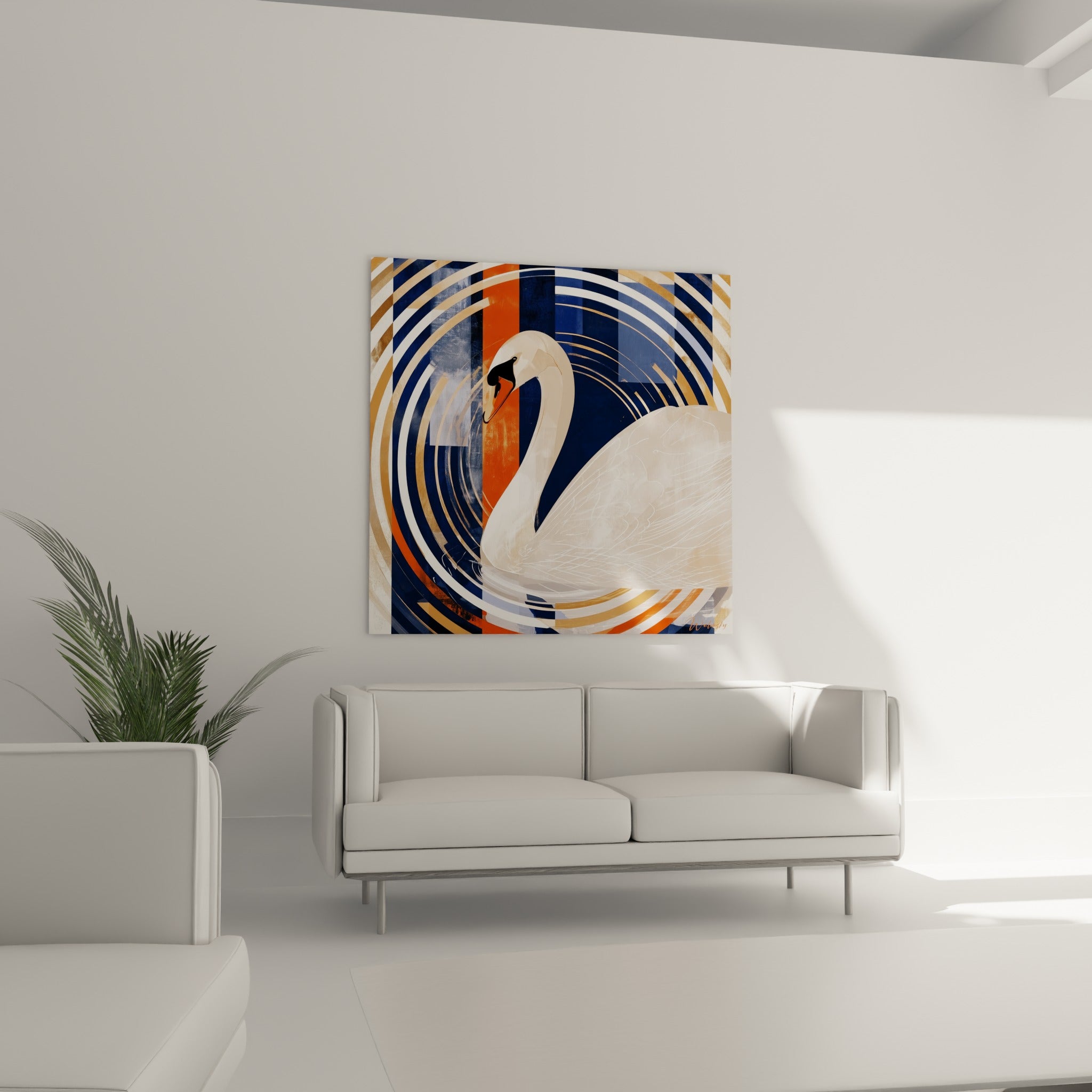 Silhouette du cygne se détachant sur fond doré et bleu marine, au-dessus d'un canapé dans un salon lumineux