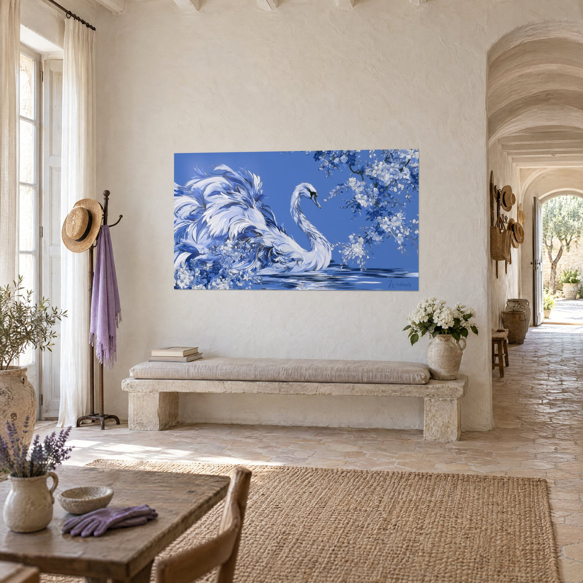 Tableau oiseau blanc cou arqué sur eau indigo, branches de cerisier en fleurs, dans un couloir voûté en pierre claire