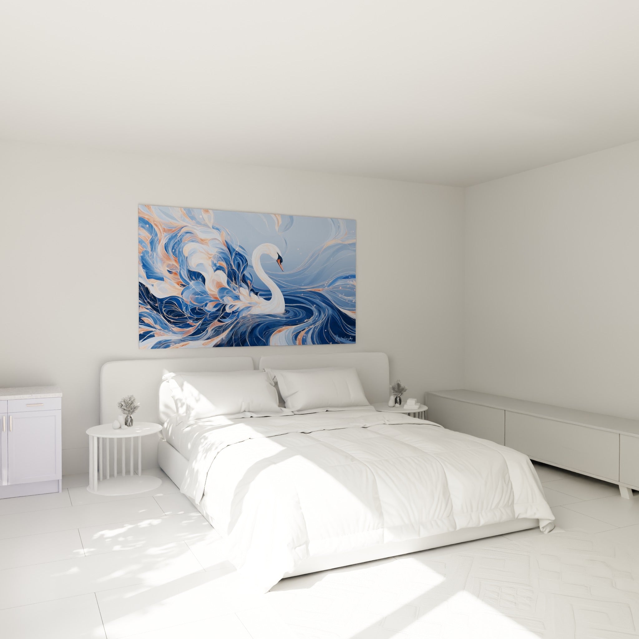 Cygne stylisé aux volutes bleu marine et corail placé au-dessus d'un lit dans une chambre claire