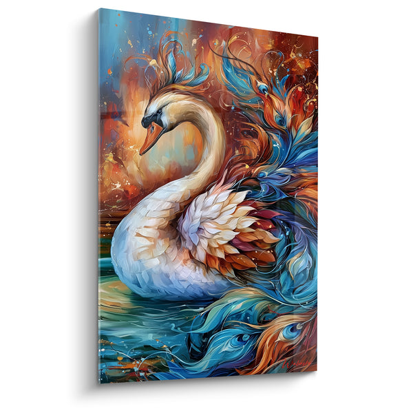 Leinwand Weißer Schwan und Türkis mit Pfauenfeder-Optik - Farbige, augenartige Muster - Schwan Edition