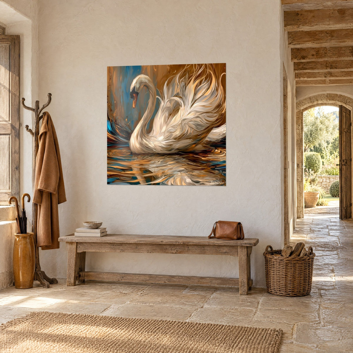 Quadro uccello acquatico bianco e oro, becco arancione e sfondo azzurro turchese, visto di tre quarti, sopra una panca di legno rustica