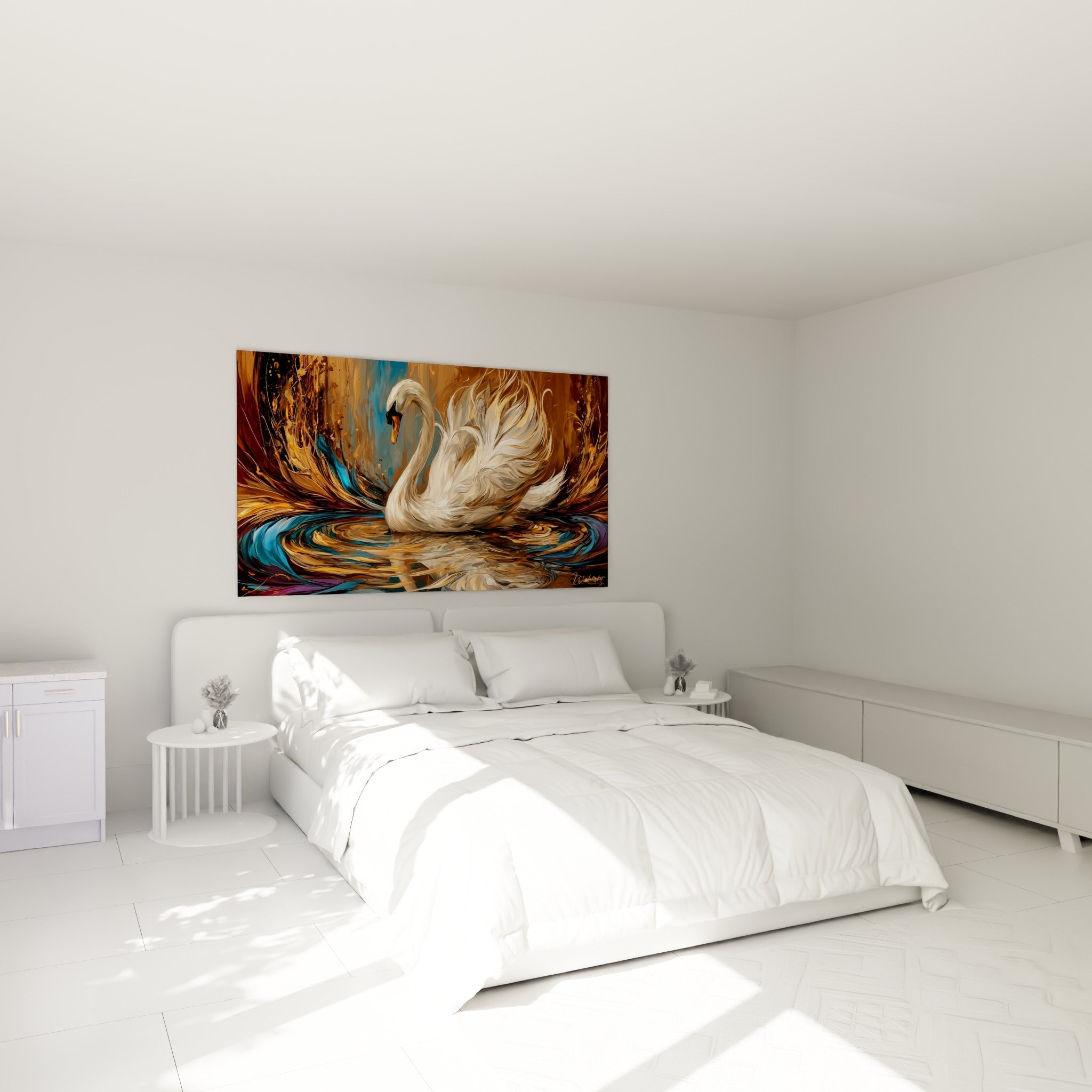 Plumage blanc et reflets dorés du cygne au-dessus d'un lit dans une chambre claire