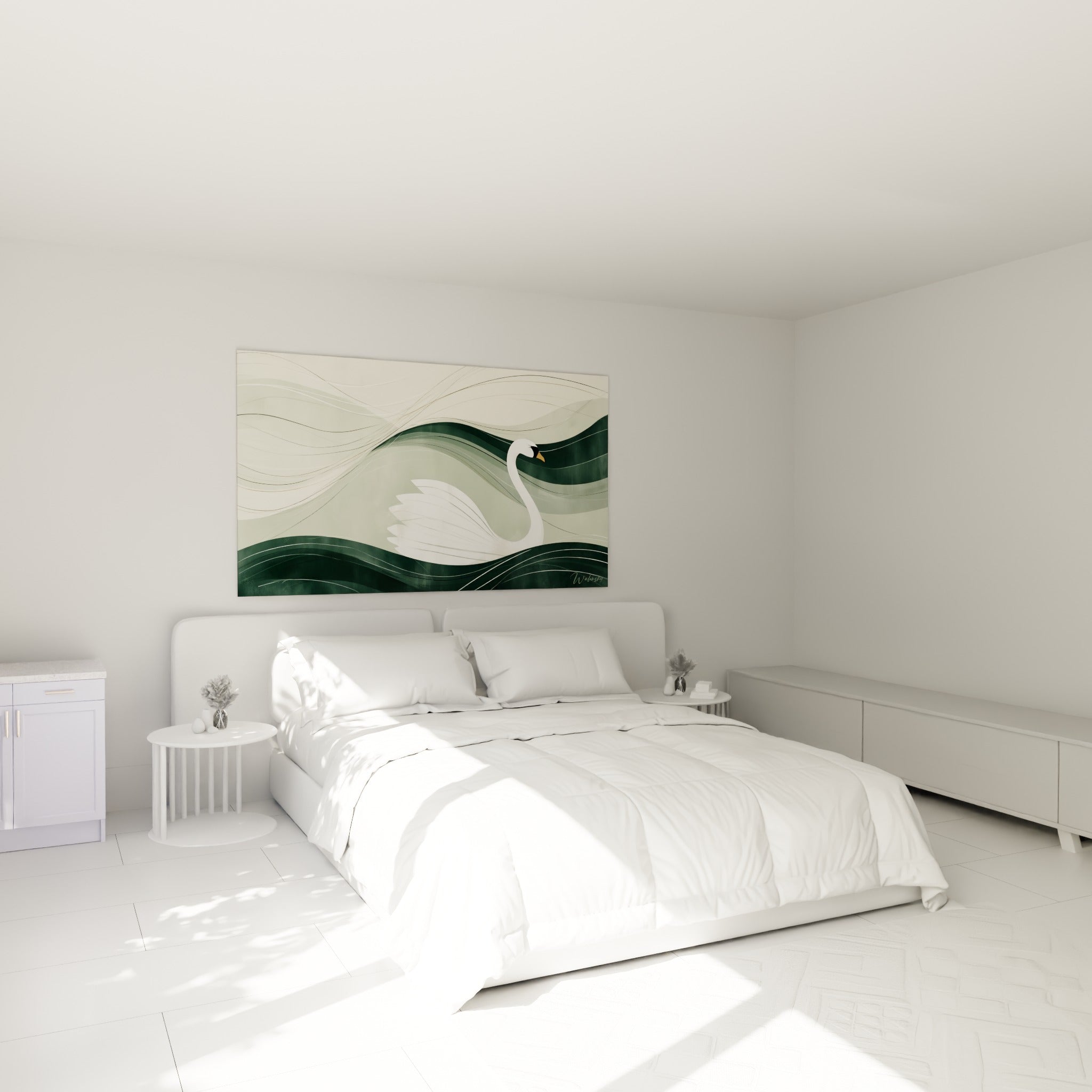 Cygne blanc aux plumes soyeuses sur fond vert sapin, au-dessus d'un lit dans une chambre claire