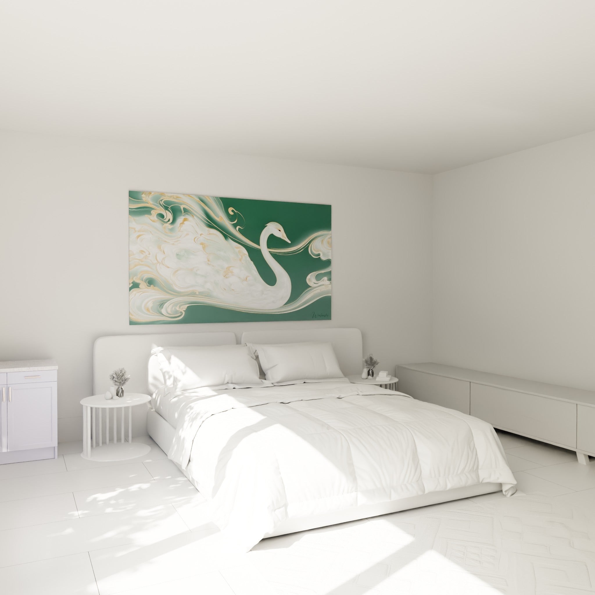 Cygne nacré et doré déployant ses volutes de plumes au-dessus d'un lit dans une chambre claire