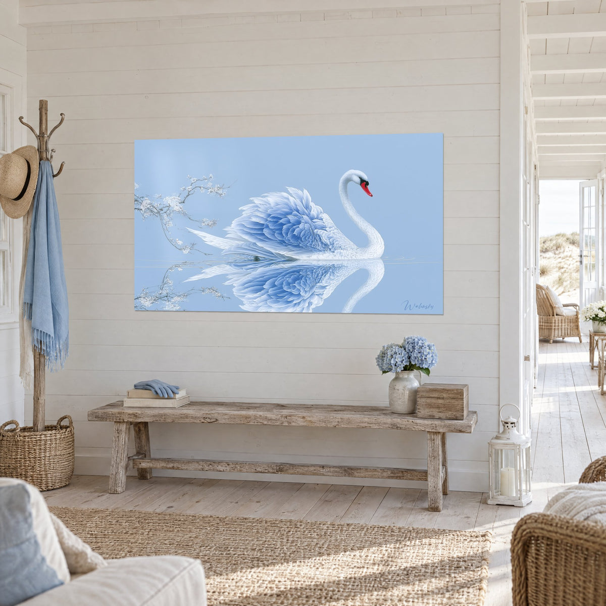 Tableau oiseau aquatique au long cou ivoire, branche fleurie blanche sur fond bleu ciel, mur de lames blanches en bord de mer