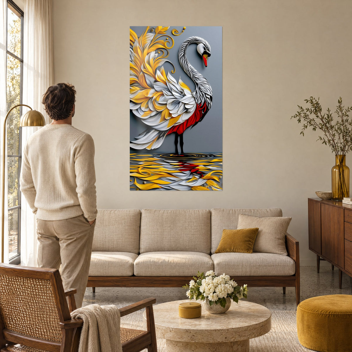 Wall art swan with white and golden-yellow plumage, arched neck, red beak, above a sofa in a bright living room