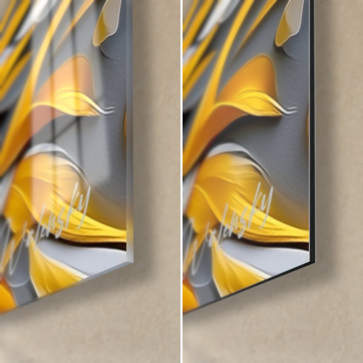 Wall art with wavy golden feathers on a grey background, bottom right corner: glossy acrylic glass on the left, matte Dibond aluminium on the right