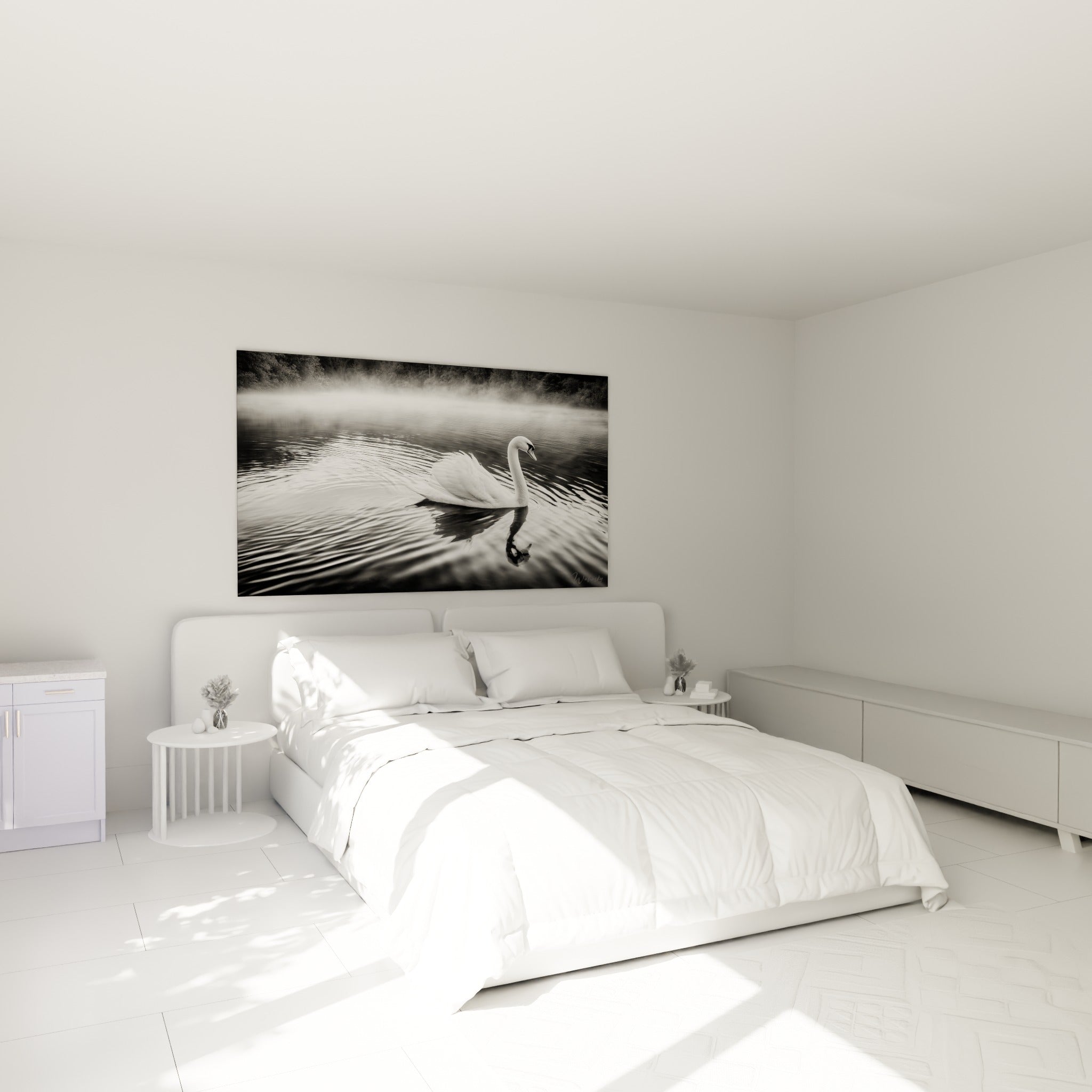 Cygne blanc au cou gracieux sur eau anthracite, accroché au-dessus d'un lit dans une chambre claire