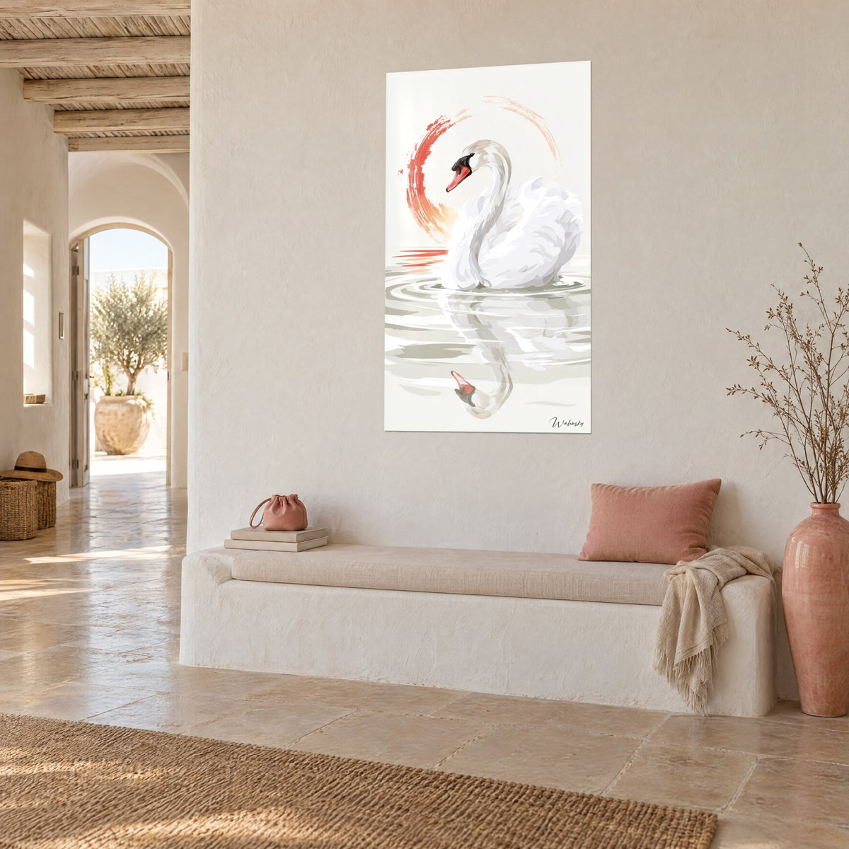Tableau oiseau majestueux sur l'eau grise, plumes ivoire, trait circulaire corail, reflet miroitant, entrée de maison méditerranéenne