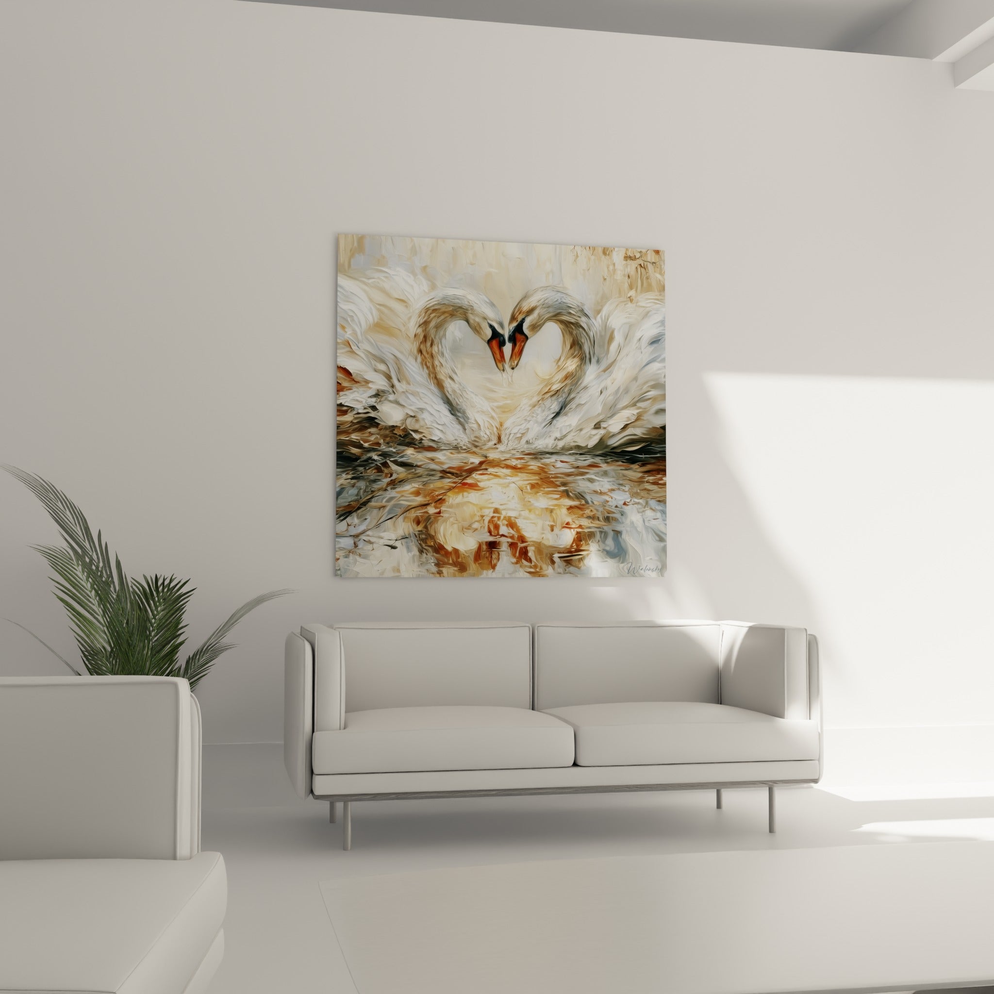 Couple de cygnes ocre et blanc dessinant un cœur, reflets dorés, au-dessus d'un canapé dans un salon lumineux