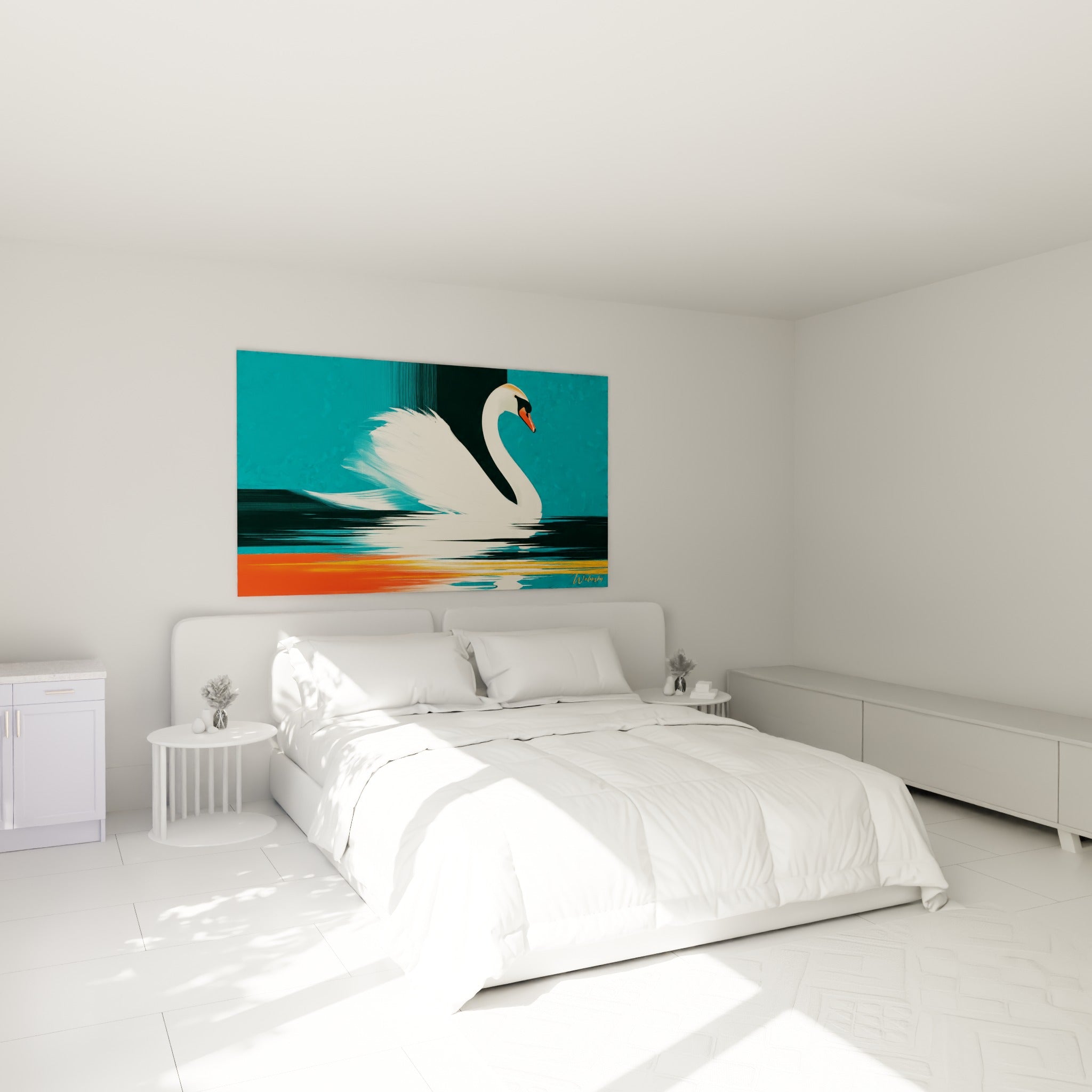 Silhouette de cygne blanc et reflets orangés accrochée au-dessus d'un lit dans une chambre claire