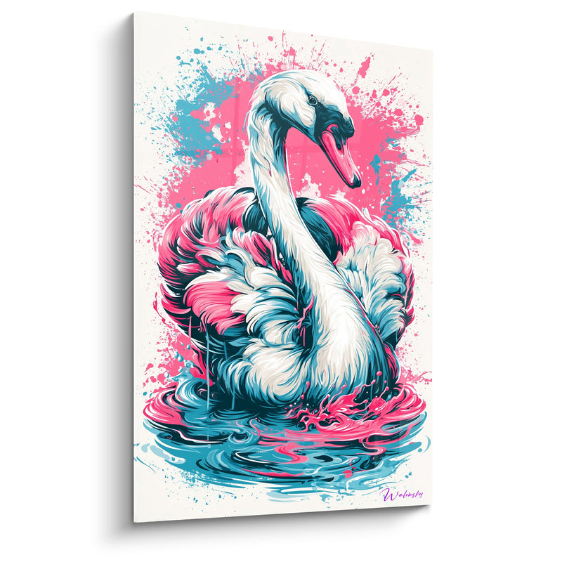 Tableau Cygne blanc aux plumes rose et bleu turquoise éclaboussées - Explosion de peinture - Edition Cygne