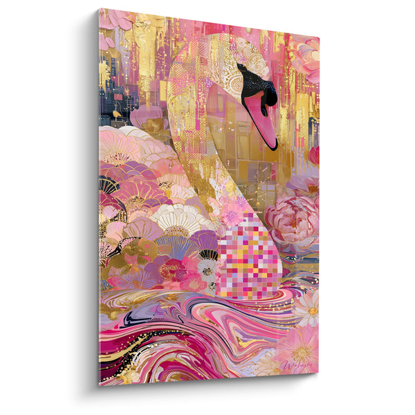Pink and Gold Swan Painting with Floral Motifs - Precious Elegance - Swan Edition