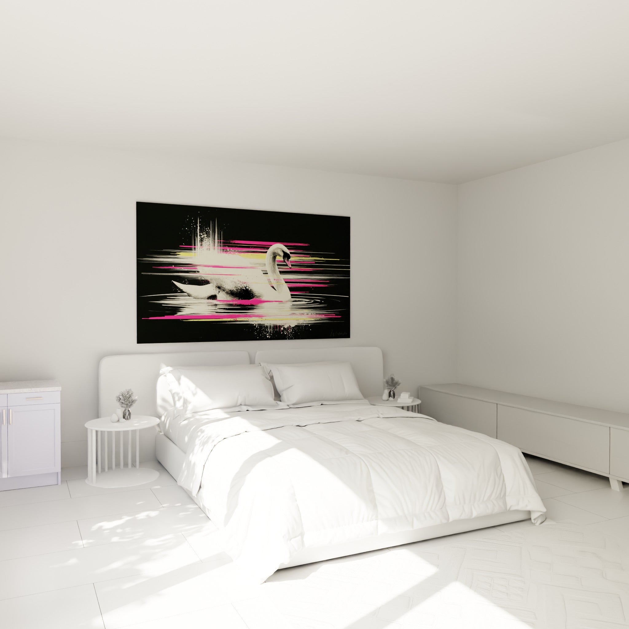 Silhouette de cygne blanc aux reflets roses et anthracite, accrochée au-dessus d'un lit dans une chambre claire