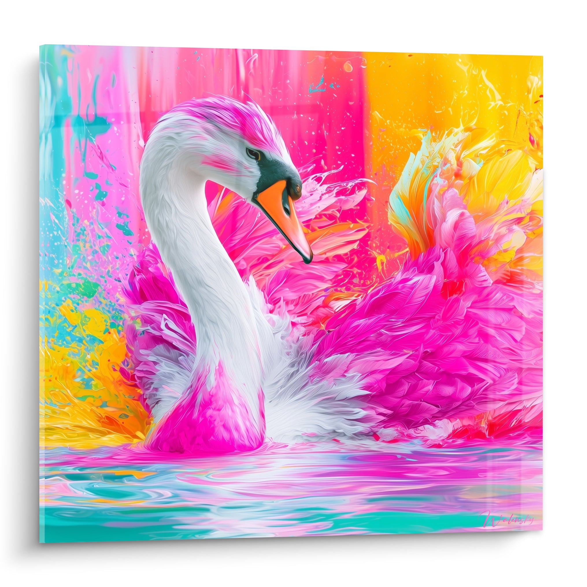 Cygne aux plumes blanches et roses fuchsia, cou courbé sur fond jaune et turquoise éclatant