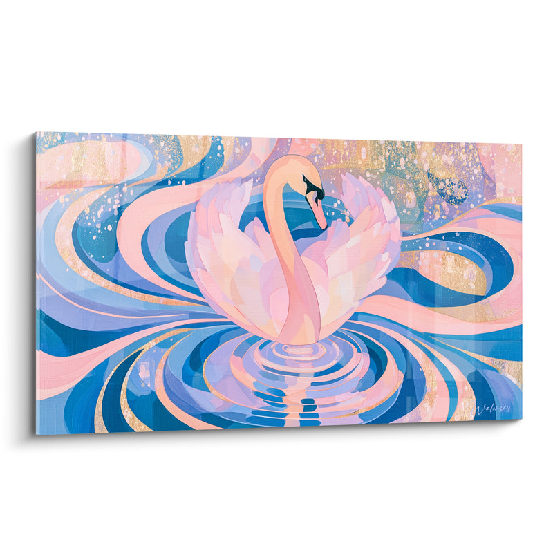 Tableau Cygne rose et bleu sur ondulations dorées - Éveil gracieux - Edition Cygne