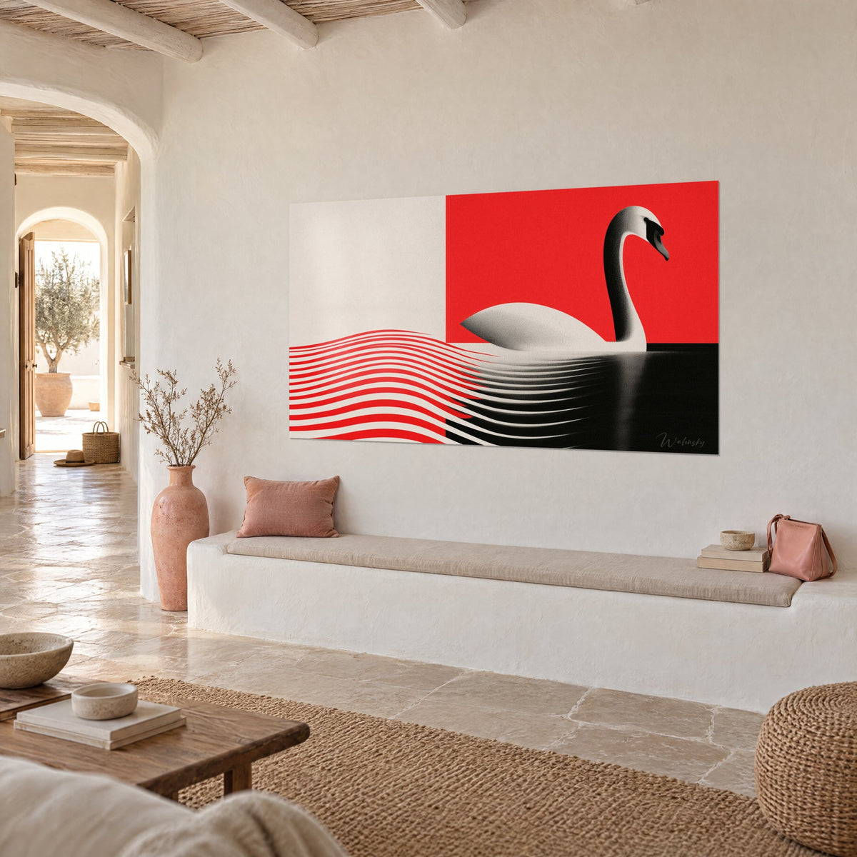 Tableau oiseau aquatique immaculé, rouge vif et noir profond, rayures ondulantes, vu de trois-quarts dans une maison provençale