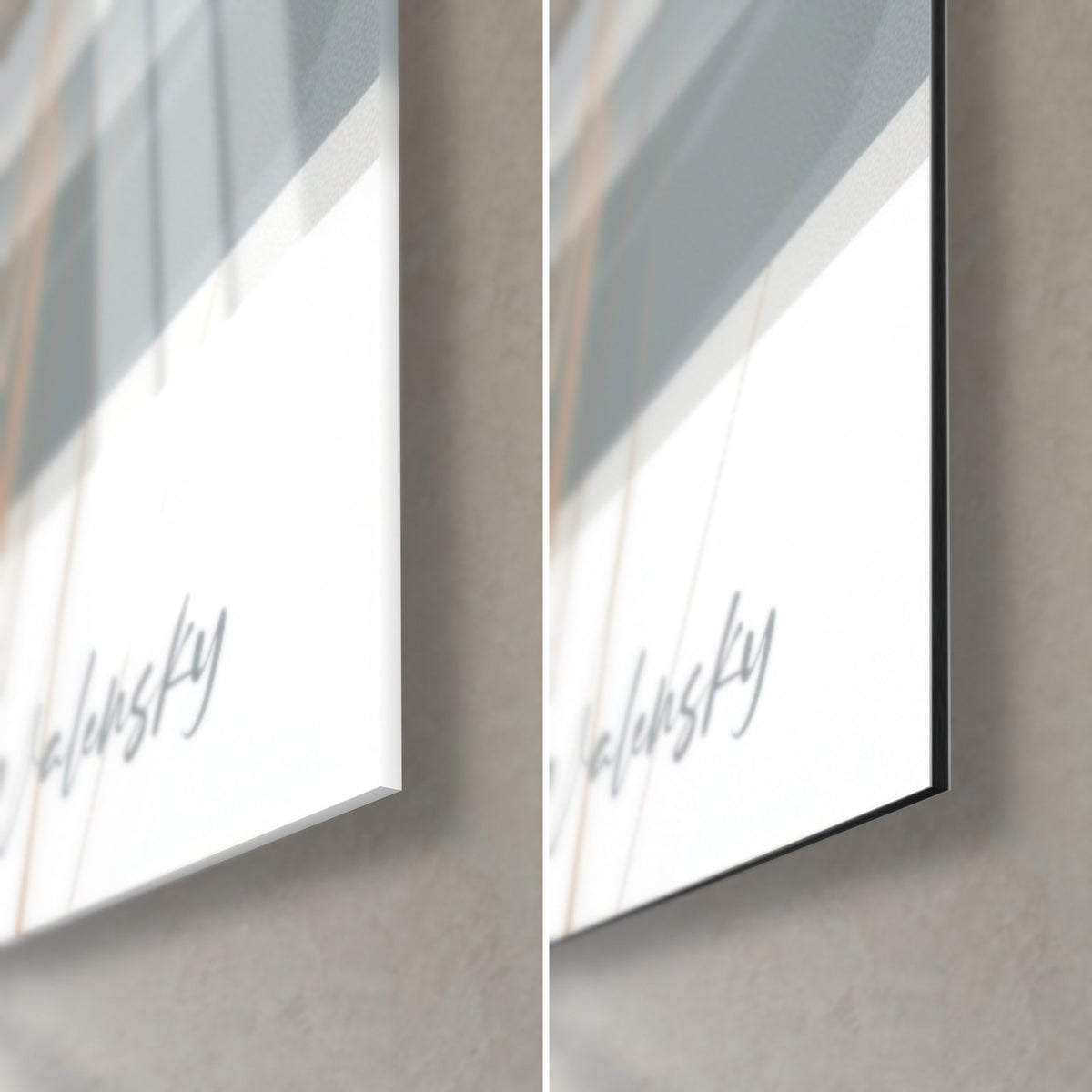 Quadro di cigni in acquerello bianco e grigio-azzurro, firma Walensky, angolo in basso a destra: vetro lucido a sinistra, Dibond nero opaco a destra