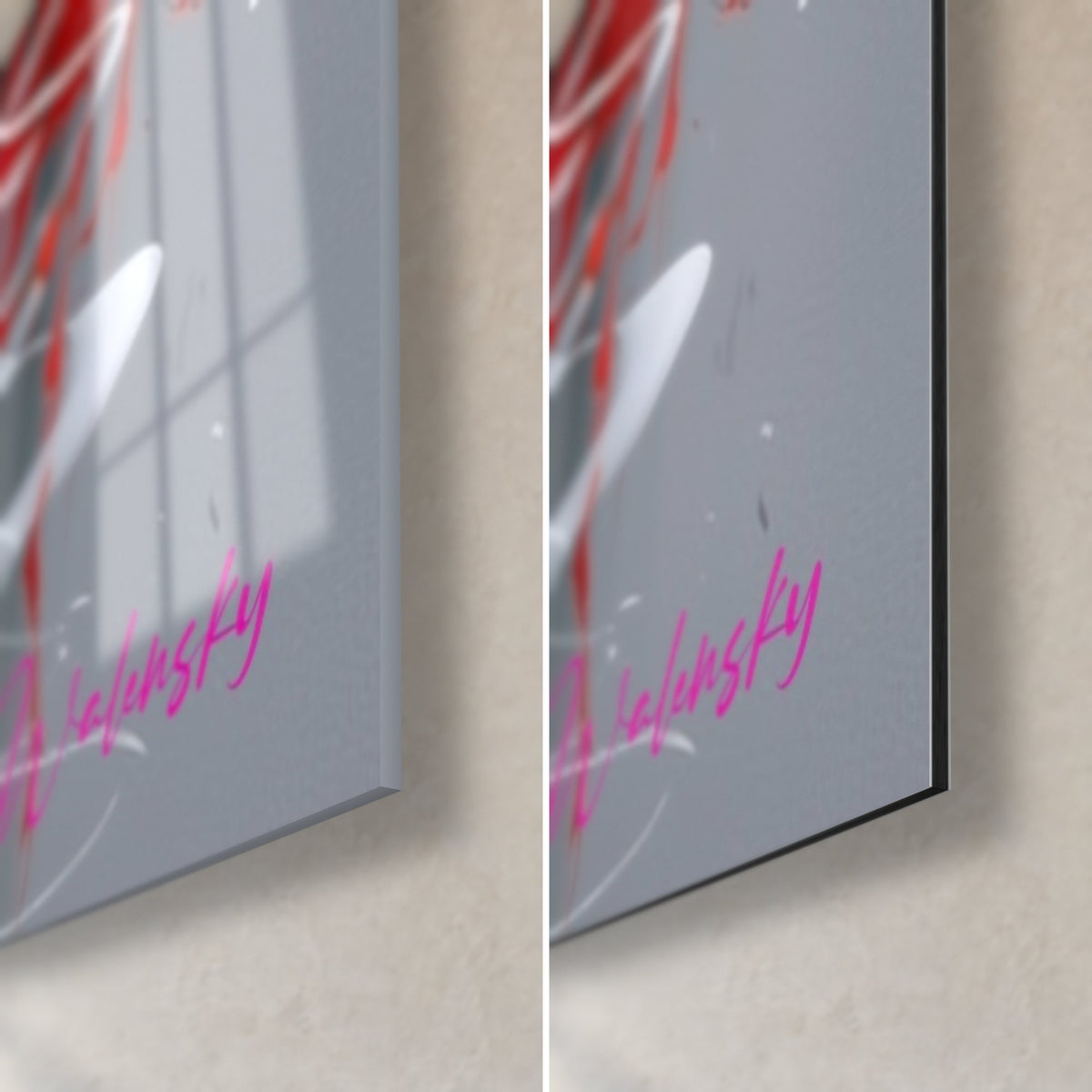 Tableau volatile blanc, signature rose Walensky en bas à droite, verre brillant aux reflets et Dibond gris mat, tranche de 3 mm