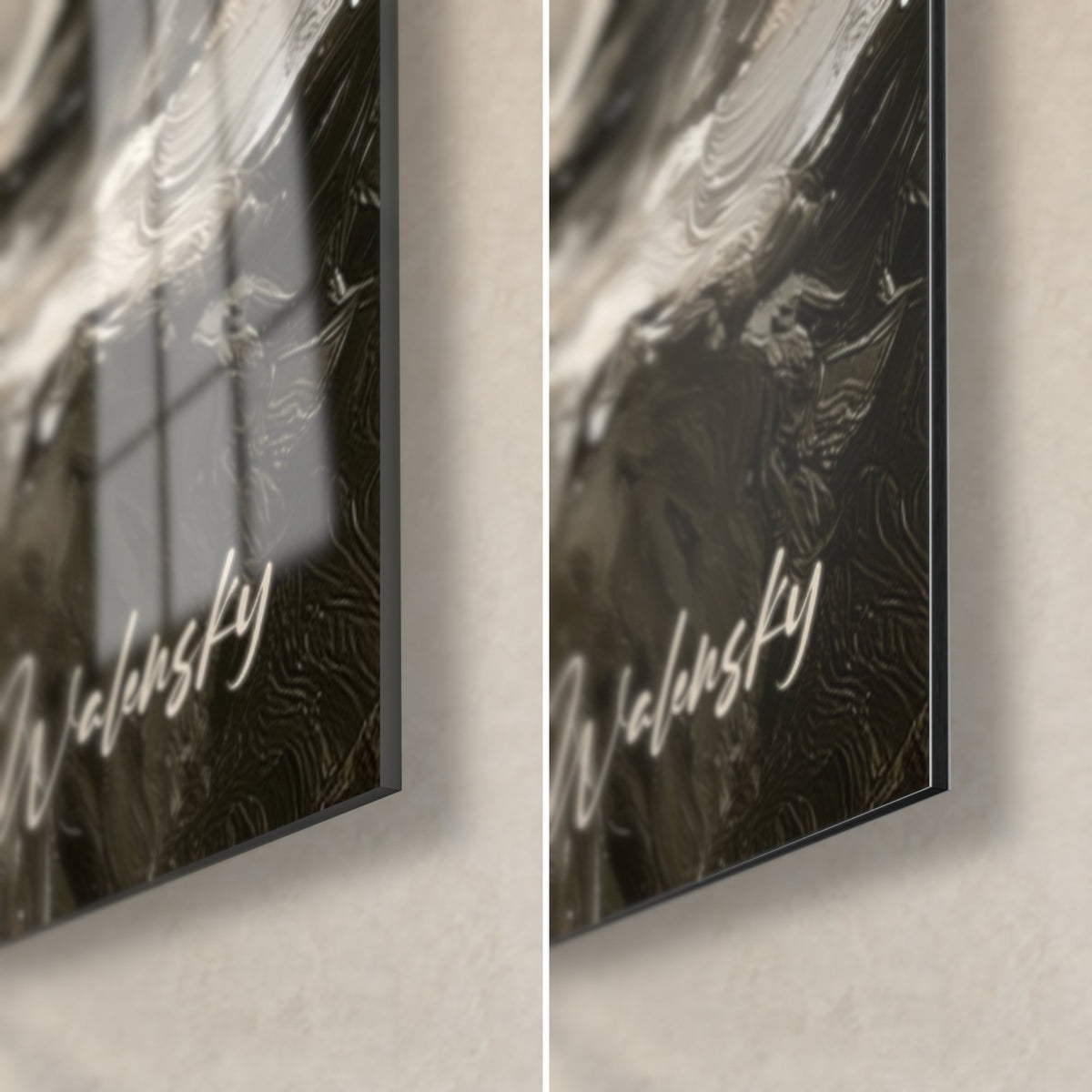 Tableau palmipède blanc, signature Walensky en lettres crème sur fond sombre, verre brillant à gauche, Dibond mat à droite