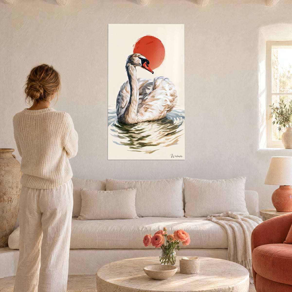 Tableau cygne beige et gris, long cou courbé sous un disque rouge, ondes olive, au-dessus d'un canapé dans un salon lumineux