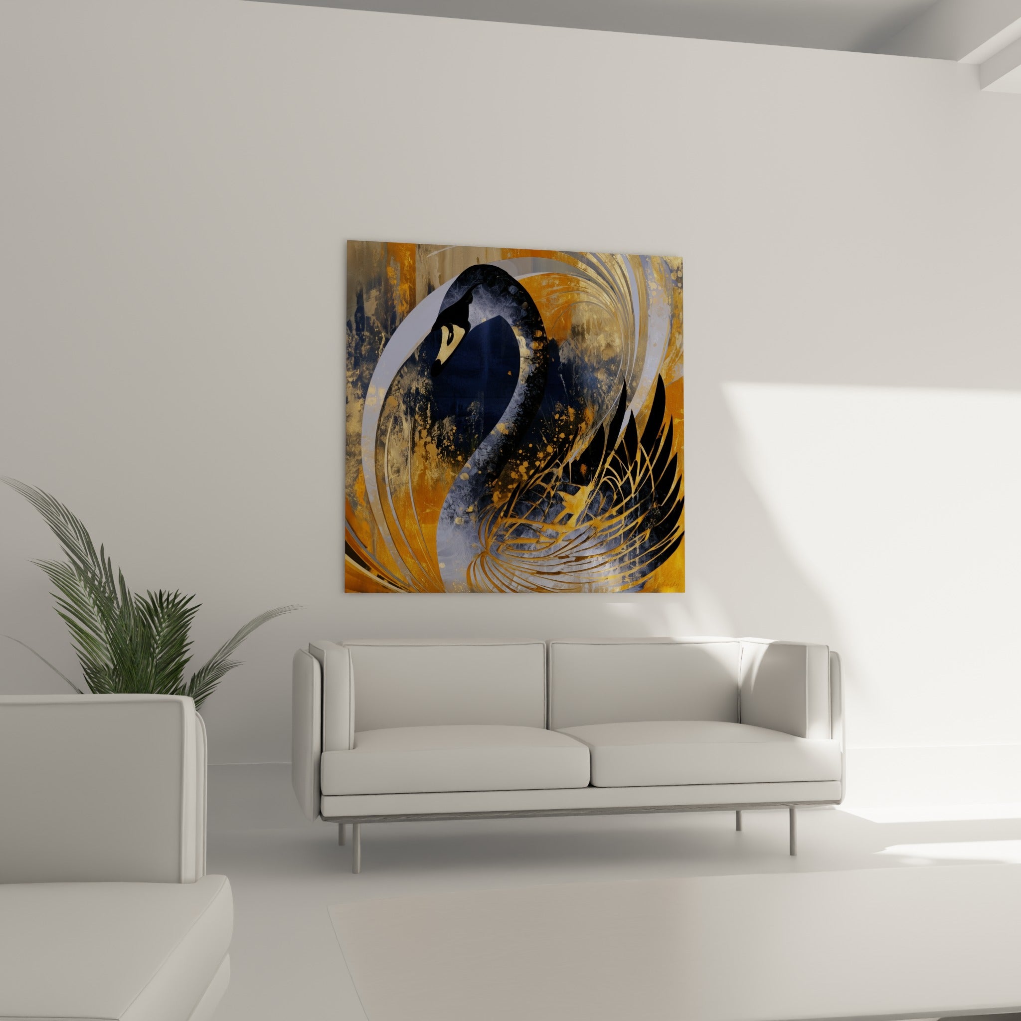 Oiseau stylisé noir et or aux lignes fluides, suspendu au-dessus d'un canapé dans un salon lumineux