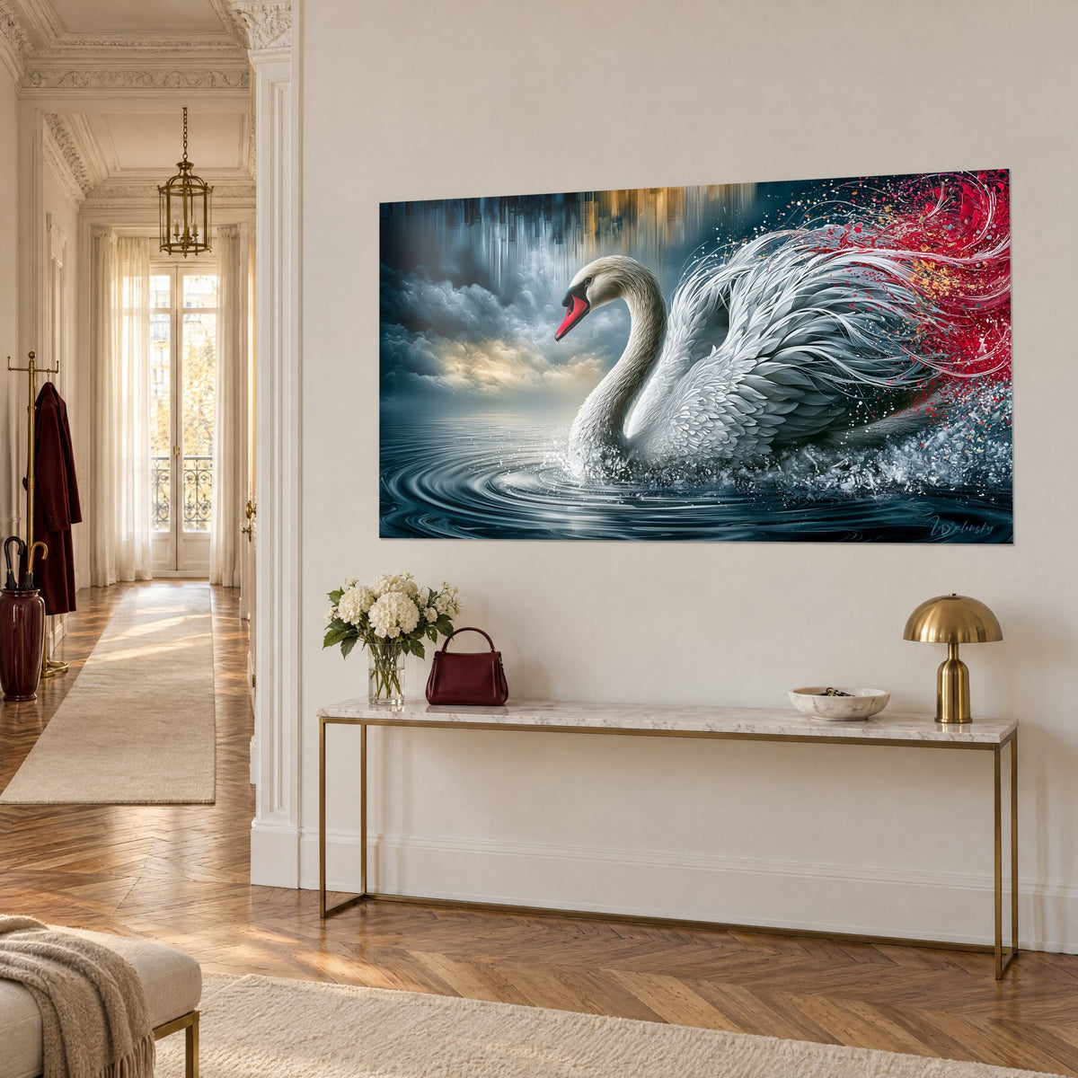 Gemälde weißer Vogel mit langem, geschwungenem Hals, scharlachrote Spritzer und goldene Wolken, dreiviertel Ansicht in einem Haussmann-Flur