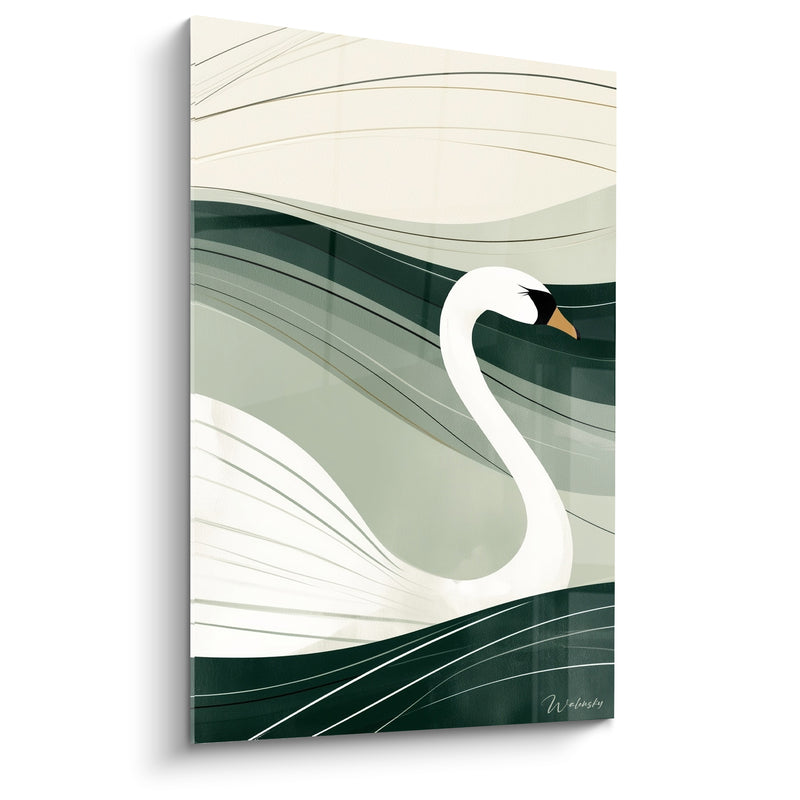 Tableau Cygne blanc et vert au bec ambré - Lignes fines sinueuses - Edition Cygne
