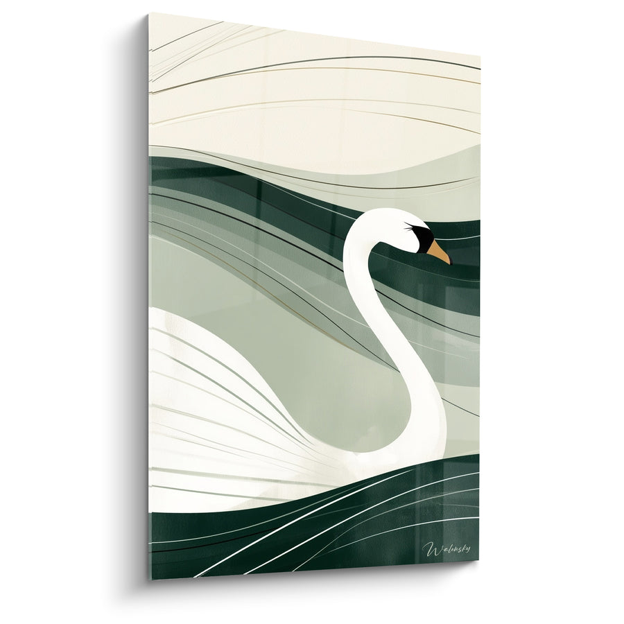 White Swan and Green Tableau with Amber Beak - Fine, Flowing Lines - Swan Edition