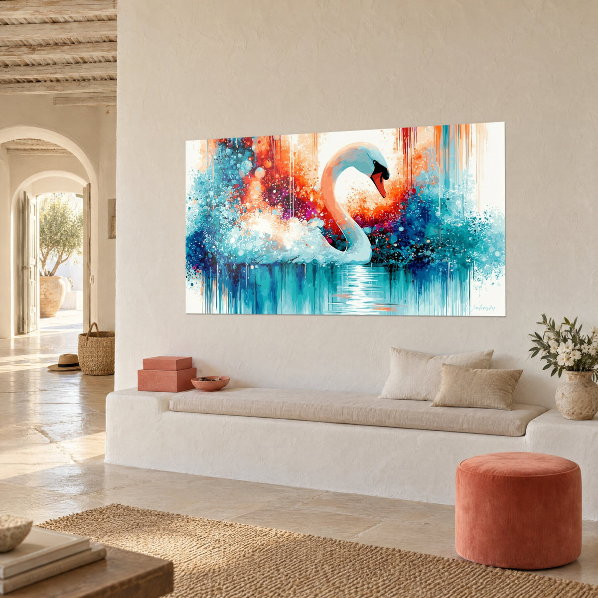 Tableau oiseau aquatique au bec orange glissant sur l'eau turquoise, gouttelettes corail et violettes, accroché au-dessus d'une banquette blanche