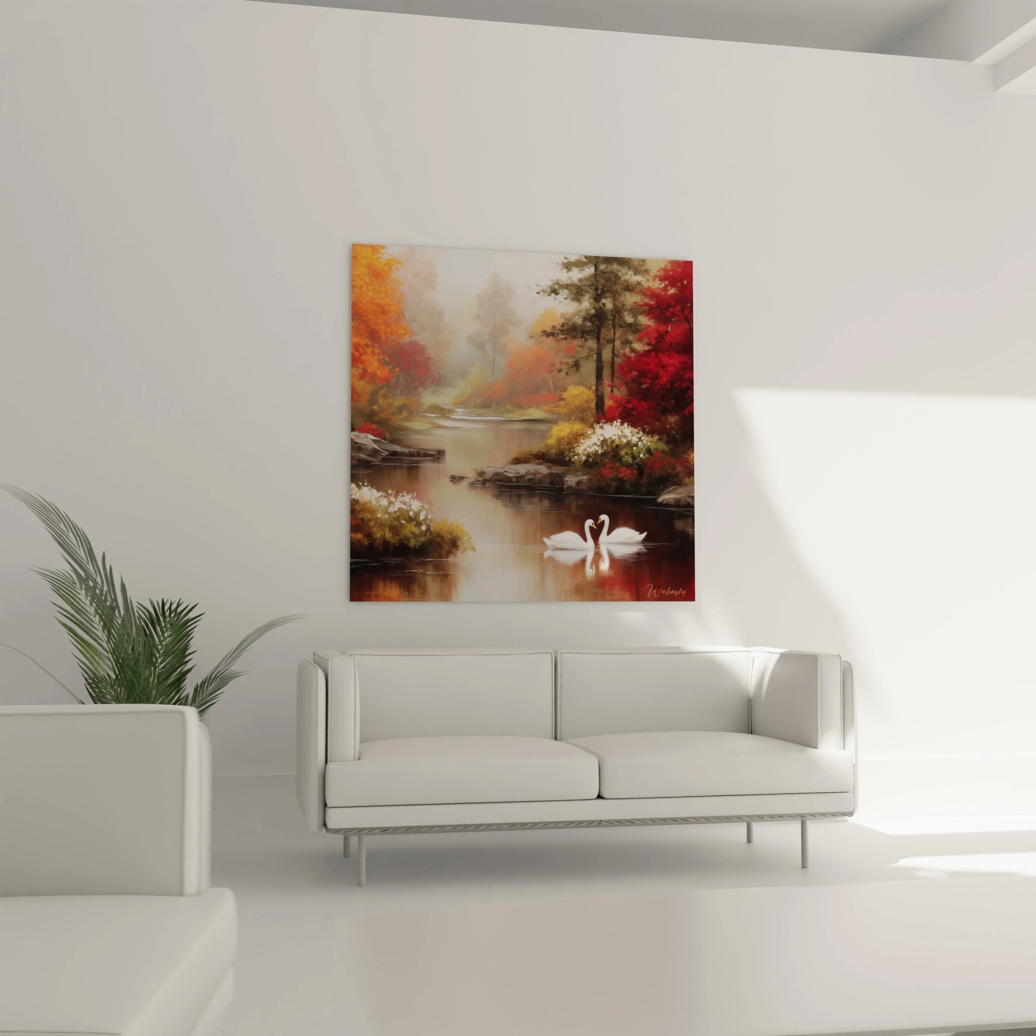 Tableau mural Walensky représentant tableau cygnes rivière automne paisible aux couleurs chaudes et détails réalistes