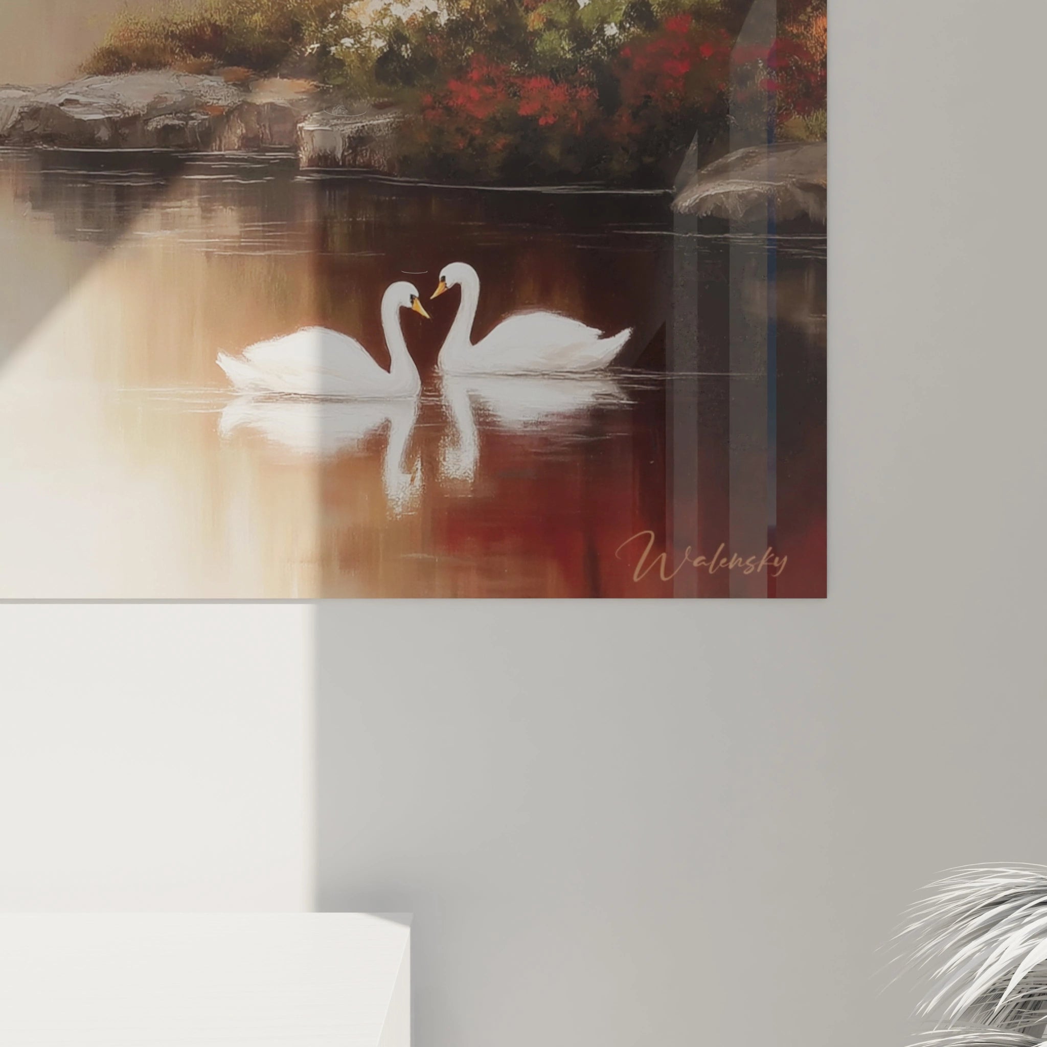 Tableau mural Walensky tableau cygnes rivière automne peinture décorative deux cygnes reflet sur l eau