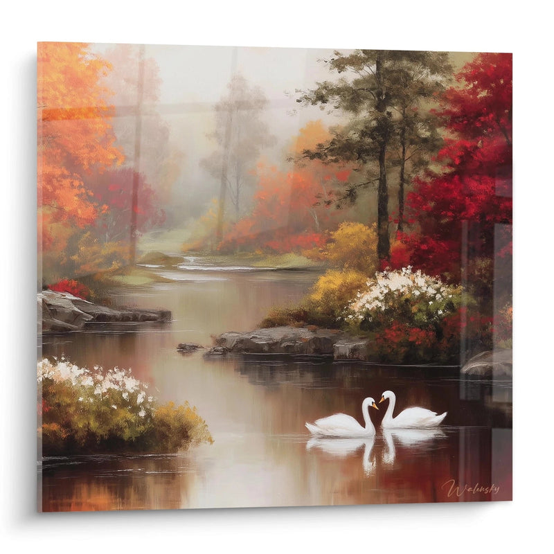 Schilderij Zwanen Amberkleurige Rivier - herfsteditie