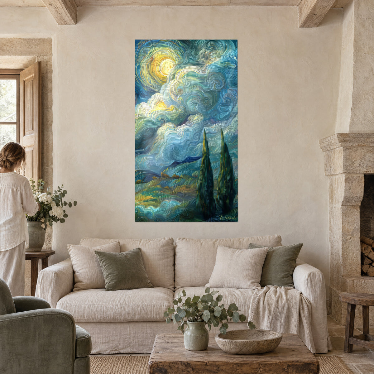 Wall art twin cypress trees under swirling blue-green clouds and a yellow sun, above a sofa in a bright living room