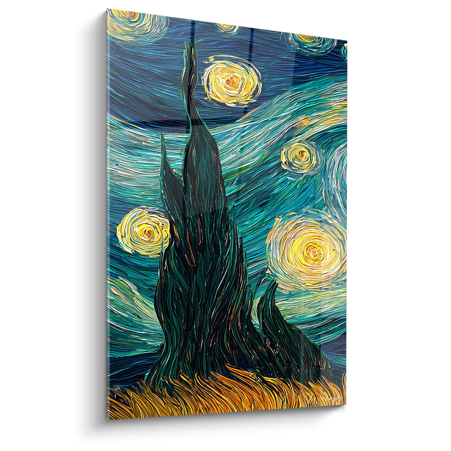 Tableau cyprès flamme - Nuit étoilée moderne - édition autres paysages