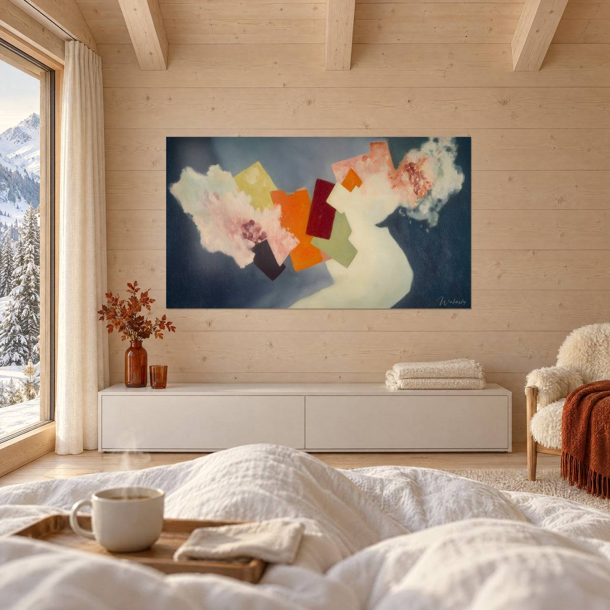 Quadro nuvole rosate e nastro color crema su blu marino, persona di spalle sopra un letto in una camera luminosa