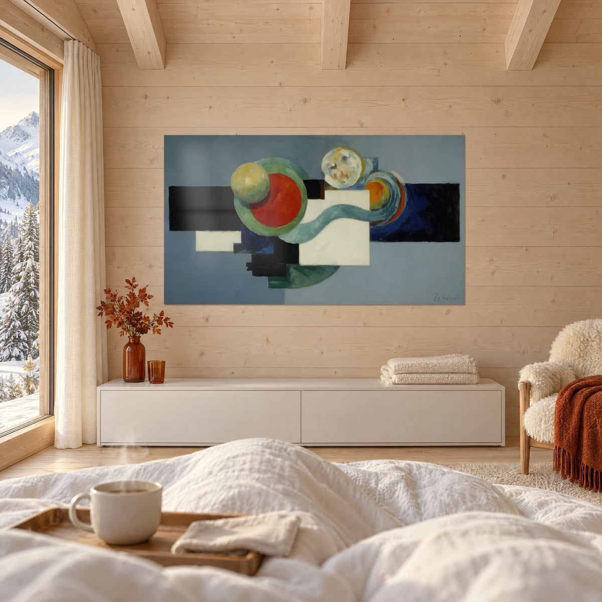Schilderij met dansende geometrie van lichtgele bollen en een rode schijf op grijsblauwe achtergrond, boven het bed in een lichte slaapkamer
