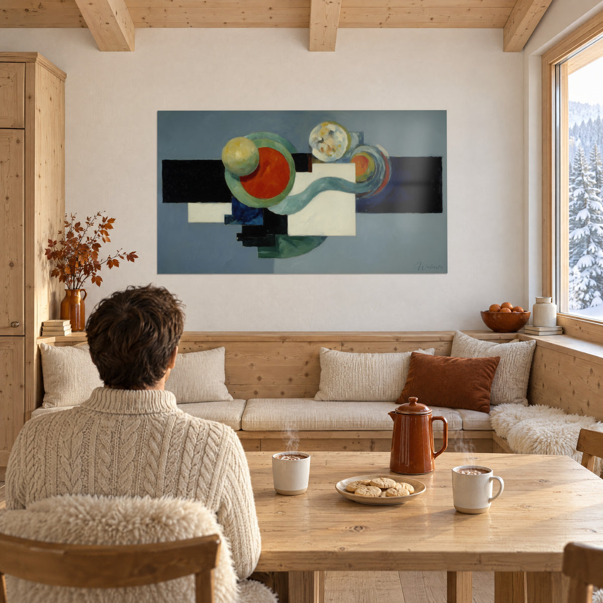 Schilderij met een golvend blauwgrijs lint tussen ivoorkleurige en zwarte rechthoeken, gele en oranje bollen, boven een eethoek van licht hout