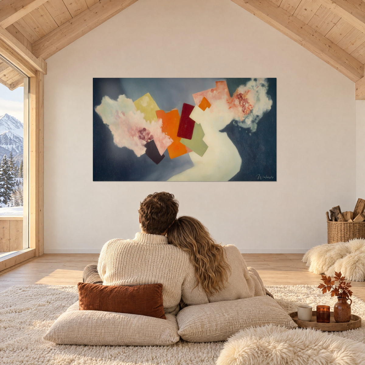 Quadro balletto di forme cremisi, verde pallido e crema su fondo blu, coppia di spalle su cuscini bianchi in uno chalet
