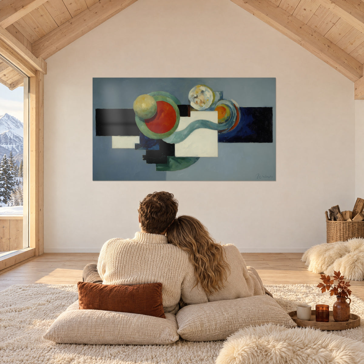 Schilderij met een mozaïek van dadaïstische vormen, een rode schijf, een groengrijs lint en zwarte strepen, tegenover een stel op kussens in het chalet