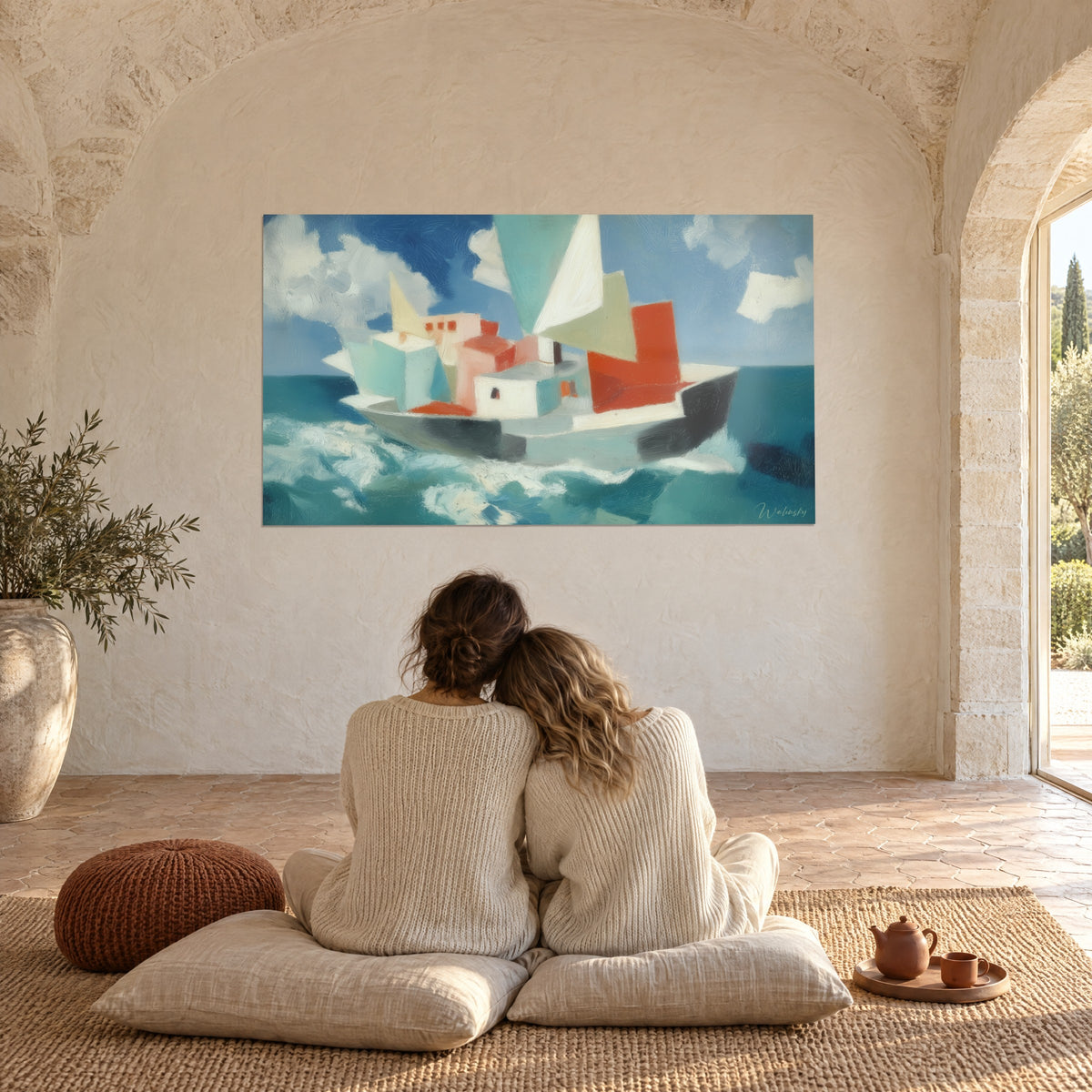 Cuadro barca cubista con superestructuras rosa pálido y menta sobre un mar agitado, pareja de espaldas sentada sobre cojines