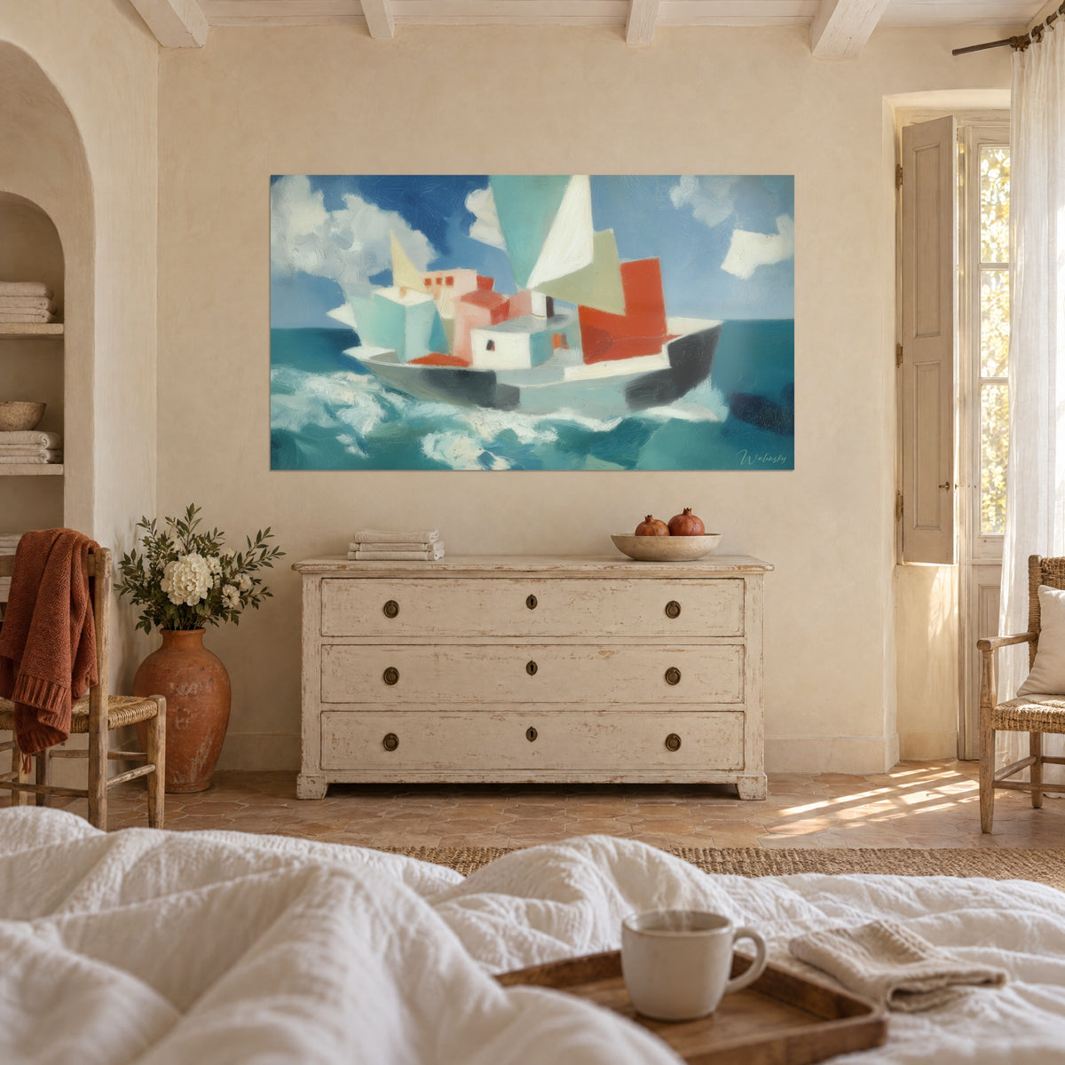 Cuadro navío con cubos pastel y olas espumosas bajo un cielo azul, colgado sobre una cama en un dormitorio luminoso