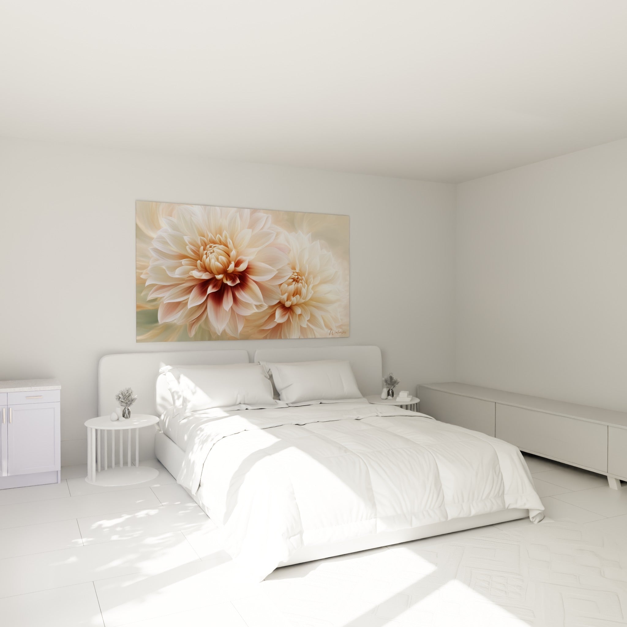 Fleur de dahlia beige et bordeaux au-dessus d'un lit dans une chambre claire