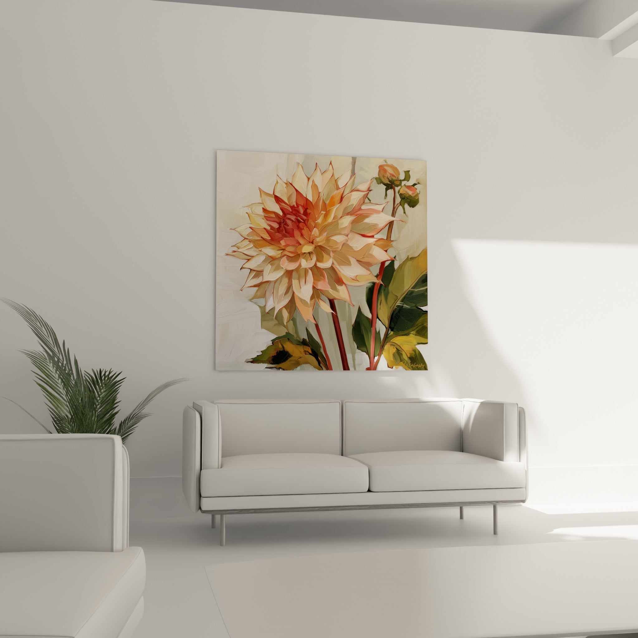 Pétales dahlia beige et terracotta déployés au-dessus d'un canapé dans un salon lumineux