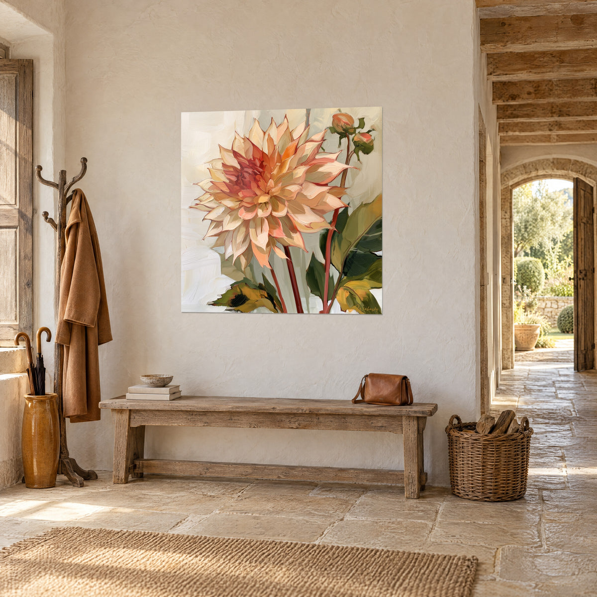 Wall art full-bloom flower with apricot and salmon pink petals, red stems, three-quarter view on a rendered wall, vaulted stone entrance